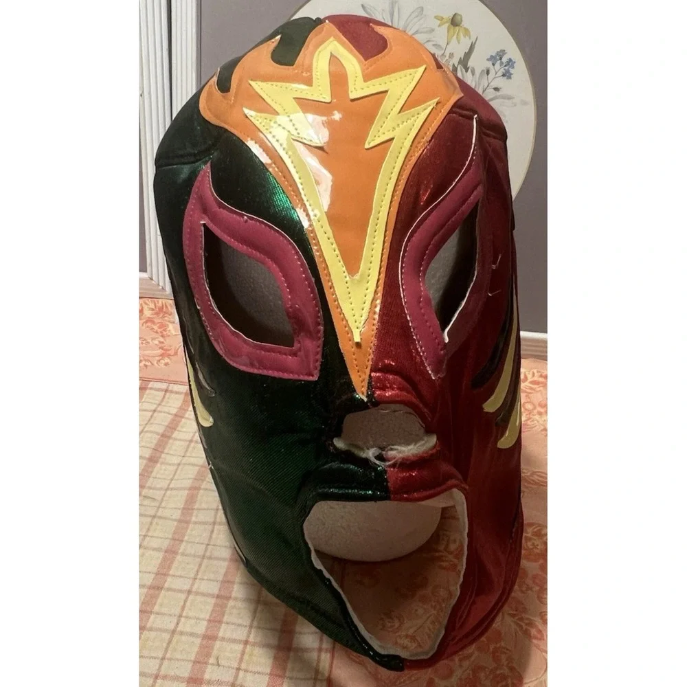 Lucha Libre Mask Vinyl Back Lace Up Red Green Multi Sparkle Flame Adult‎ Size